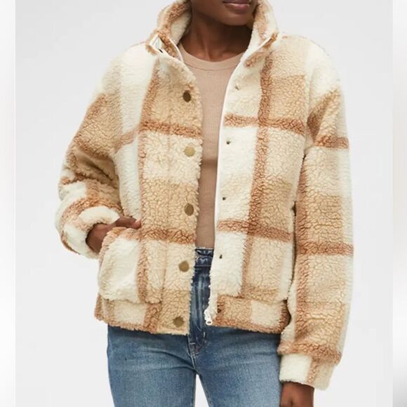 Michael Stars Rose Plaid Sherpa Teddy Jacket Size Large - Picture 1 of 16